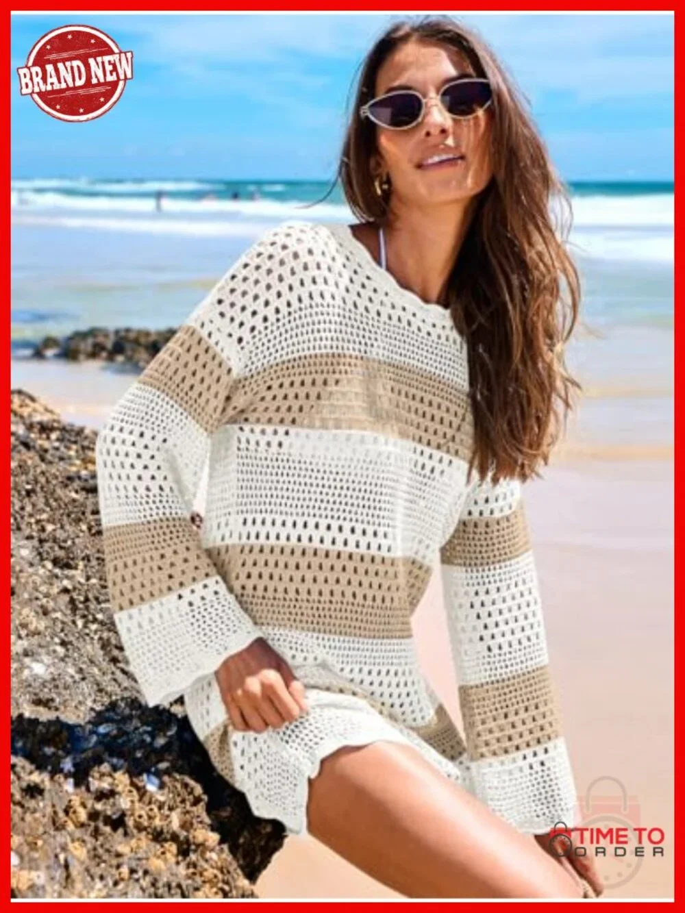 Crochet Knit Cover Up Dress Long Sleeve Beach Swimwear Mesh Hollow Out